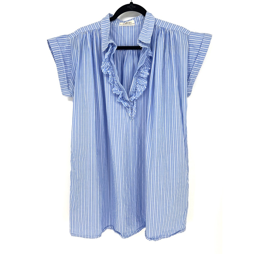 LaBiz Blue White 100% Cotton Ruffle V-Neck Shirt Dress Cover Up Beach Coastal